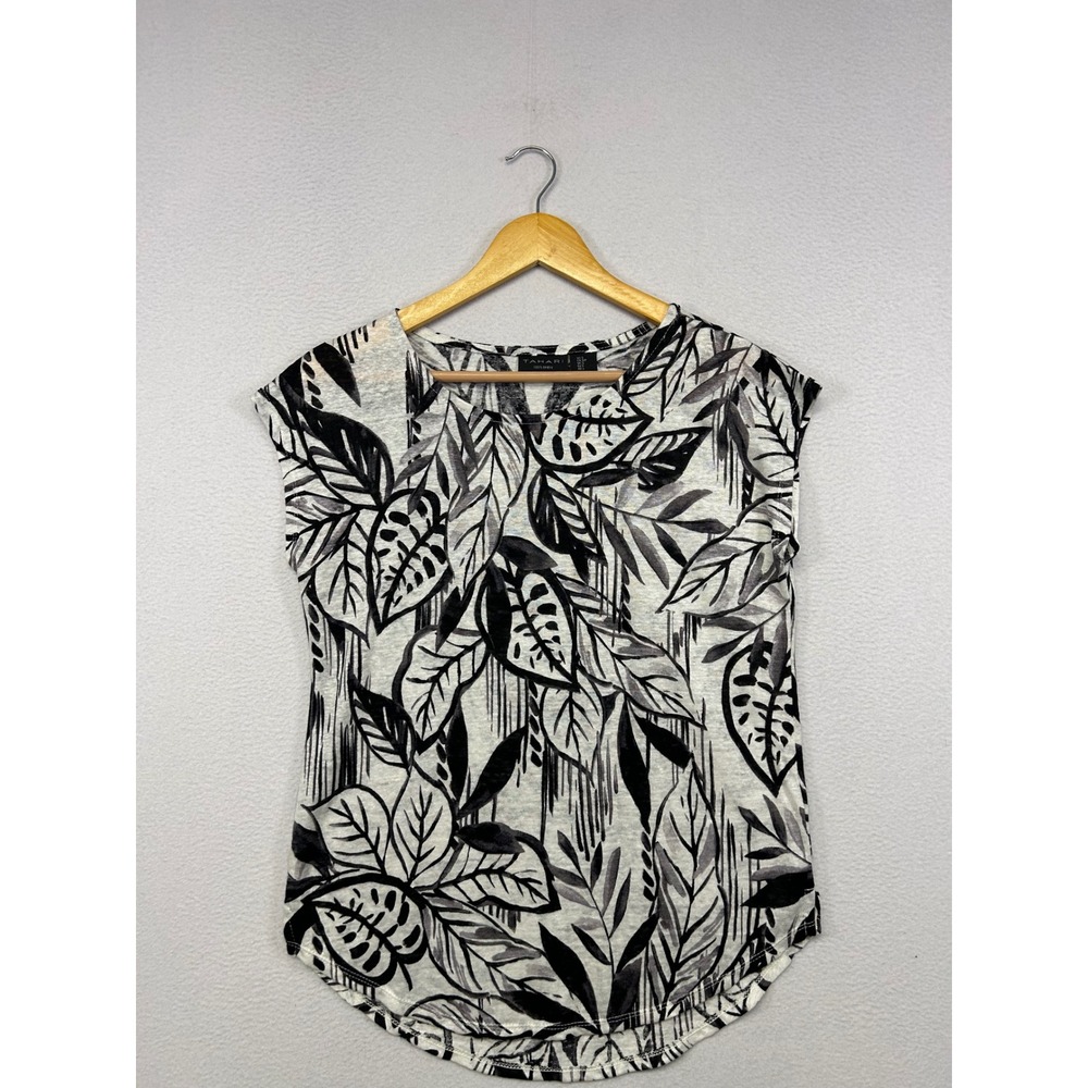 Tropical Coastal Tahari Womens Small White Black Linen Leaf Print Cap Sleeve Top